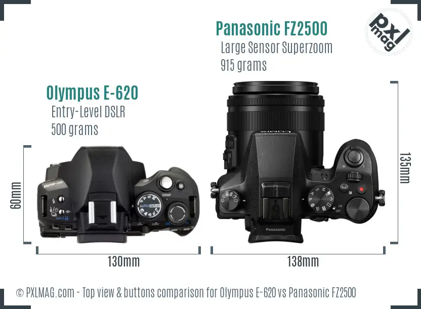 Olympus E-620 vs Panasonic FZ2500 top view buttons comparison