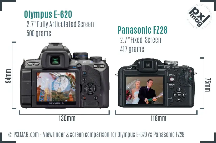 Olympus E-620 vs Panasonic FZ28 Screen and Viewfinder comparison