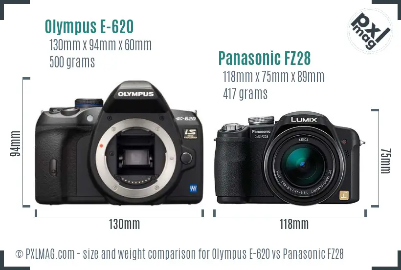 Olympus E-620 vs Panasonic FZ28 size comparison
