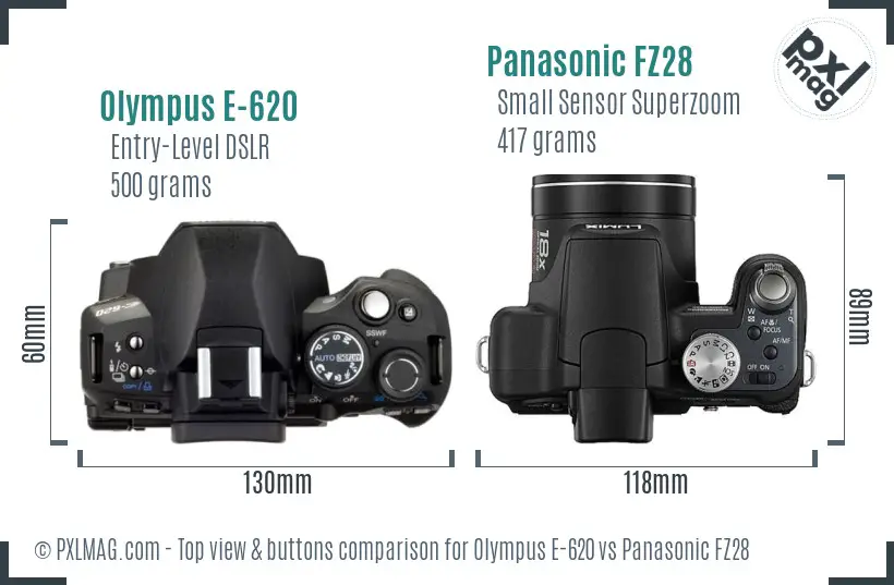 Olympus E-620 vs Panasonic FZ28 top view buttons comparison