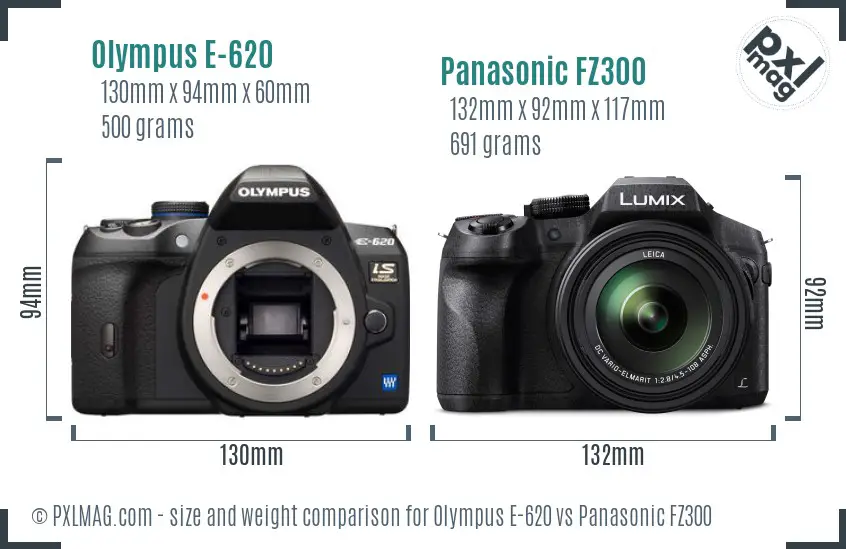 Olympus E-620 vs Panasonic FZ300 size comparison