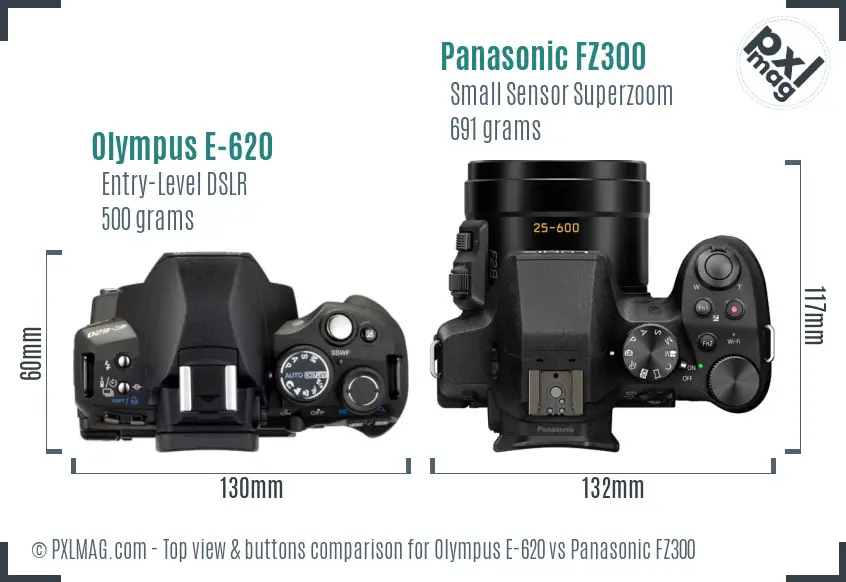 Olympus E-620 vs Panasonic FZ300 top view buttons comparison