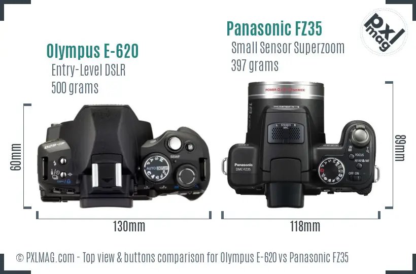 Olympus E-620 vs Panasonic FZ35 top view buttons comparison
