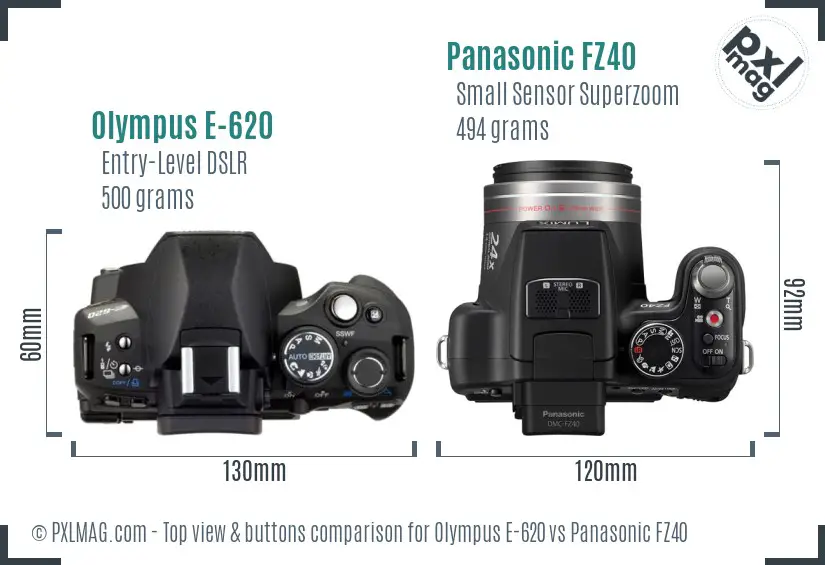 Olympus E-620 vs Panasonic FZ40 top view buttons comparison