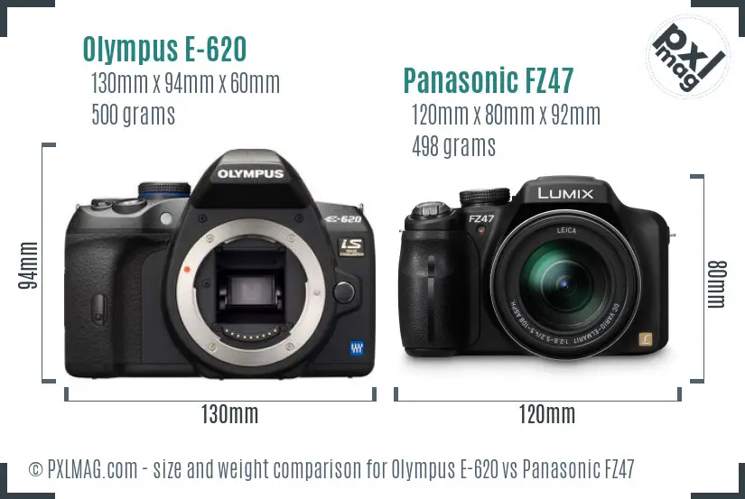 Olympus E-620 vs Panasonic FZ47 size comparison