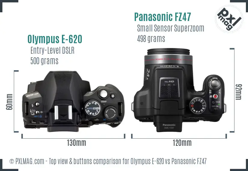 Olympus E-620 vs Panasonic FZ47 top view buttons comparison