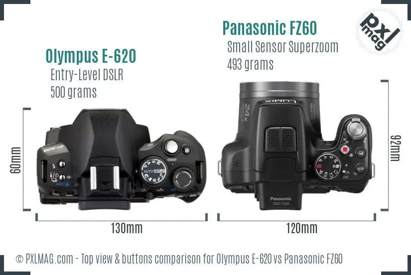 Olympus E-620 vs Panasonic FZ60 top view buttons comparison