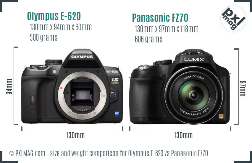 Olympus E-620 vs Panasonic FZ70 size comparison