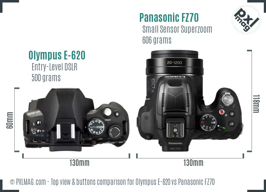 Olympus E-620 vs Panasonic FZ70 top view buttons comparison