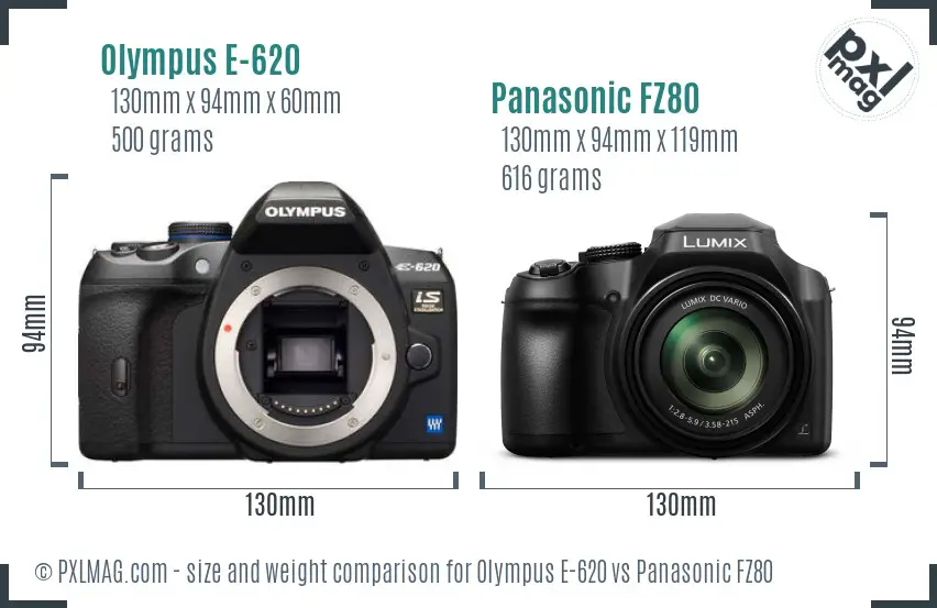 Olympus E-620 vs Panasonic FZ80 size comparison