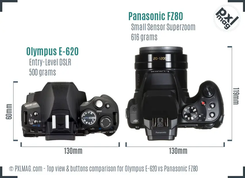 Olympus E-620 vs Panasonic FZ80 top view buttons comparison