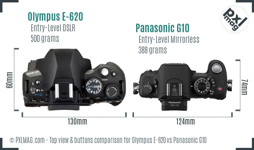 Olympus E-620 vs Panasonic G10 top view buttons comparison