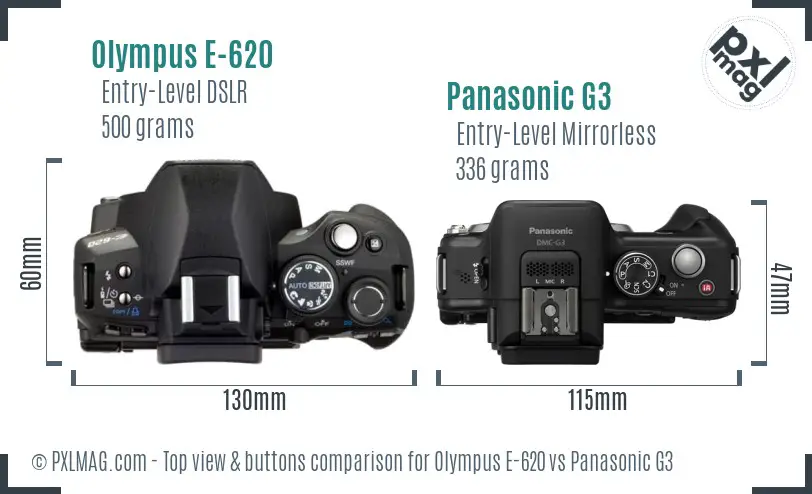Olympus E-620 vs Panasonic G3 top view buttons comparison