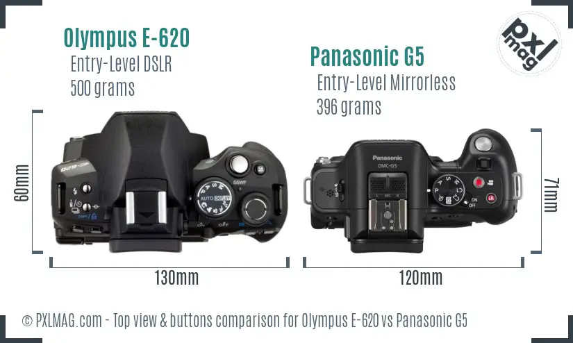 Olympus E-620 vs Panasonic G5 top view buttons comparison