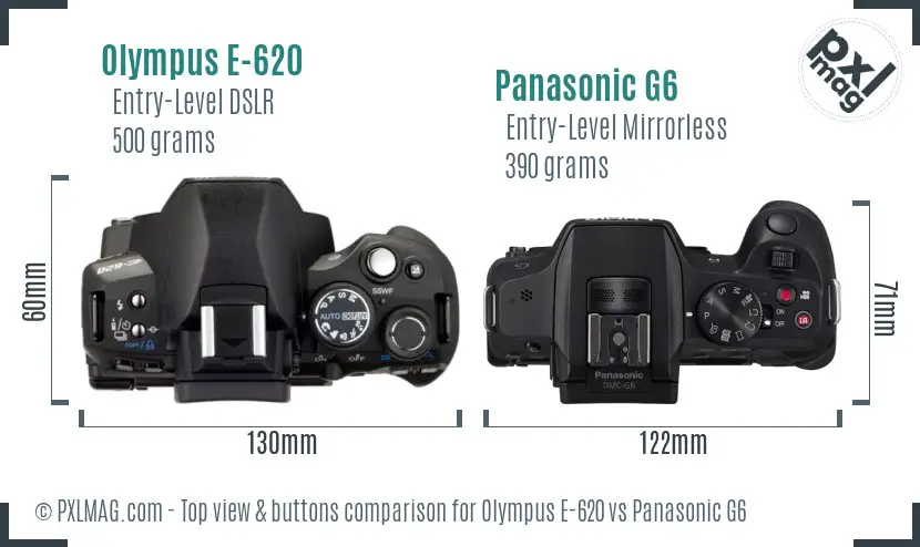 Olympus E-620 vs Panasonic G6 top view buttons comparison