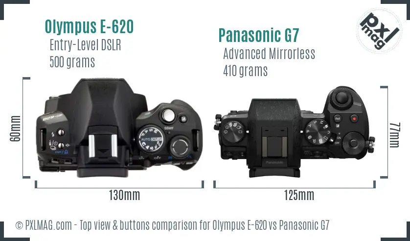 Olympus E-620 vs Panasonic G7 top view buttons comparison