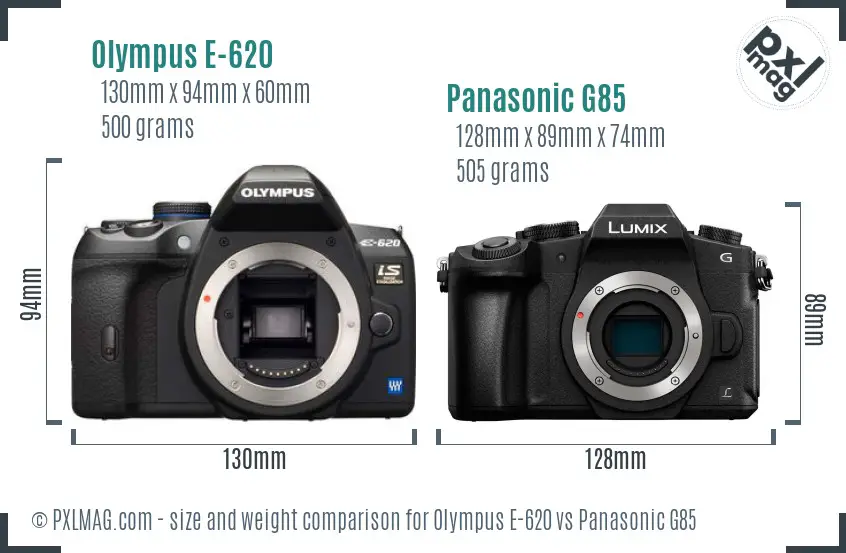 Olympus E-620 vs Panasonic G85 size comparison