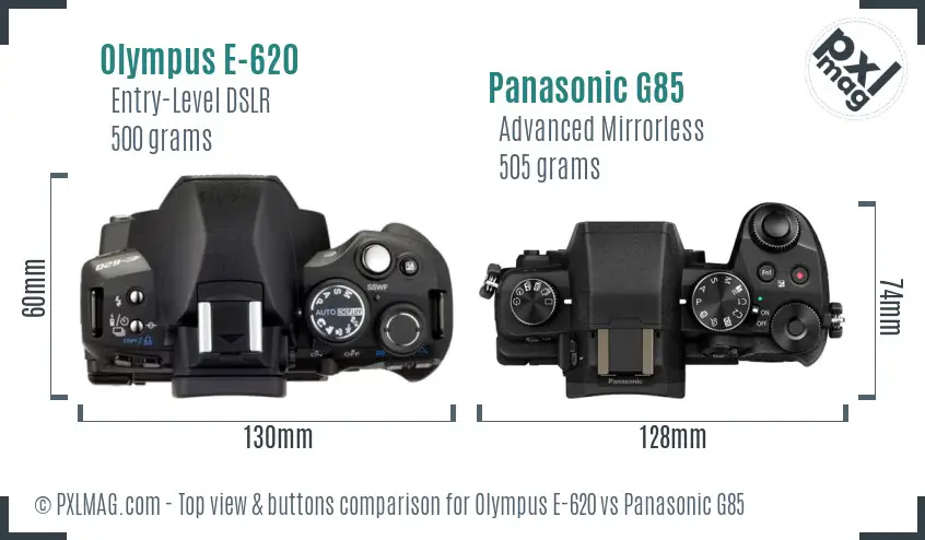 Olympus E-620 vs Panasonic G85 top view buttons comparison