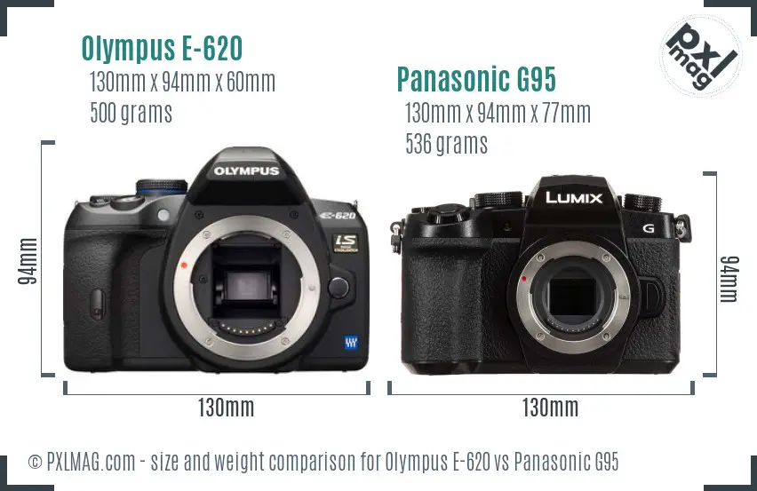 Olympus E-620 vs Panasonic G95 size comparison