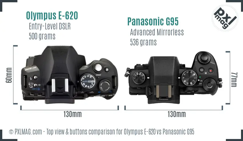 Olympus E-620 vs Panasonic G95 top view buttons comparison