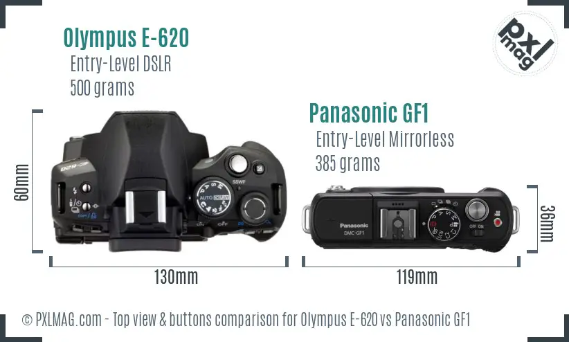Olympus E-620 vs Panasonic GF1 top view buttons comparison