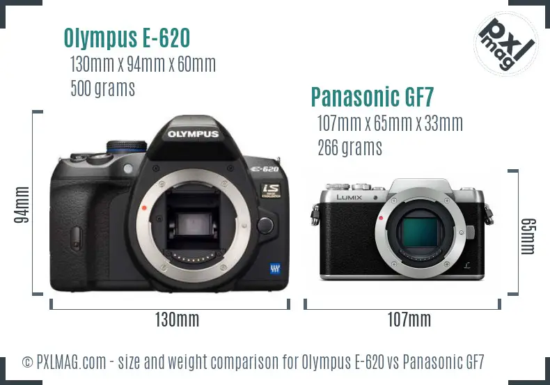 Olympus E-620 vs Panasonic GF7 size comparison