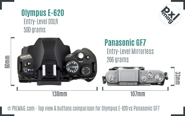 Olympus E-620 vs Panasonic GF7 top view buttons comparison