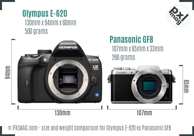 Olympus E-620 vs Panasonic GF8 size comparison