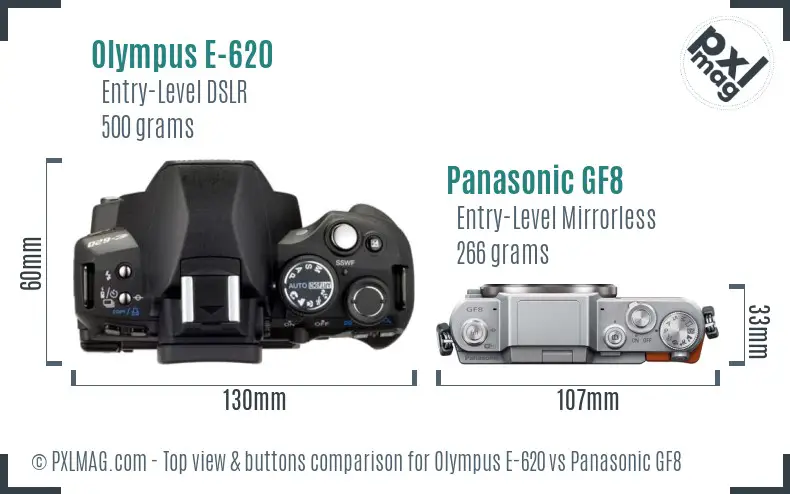 Olympus E-620 vs Panasonic GF8 top view buttons comparison