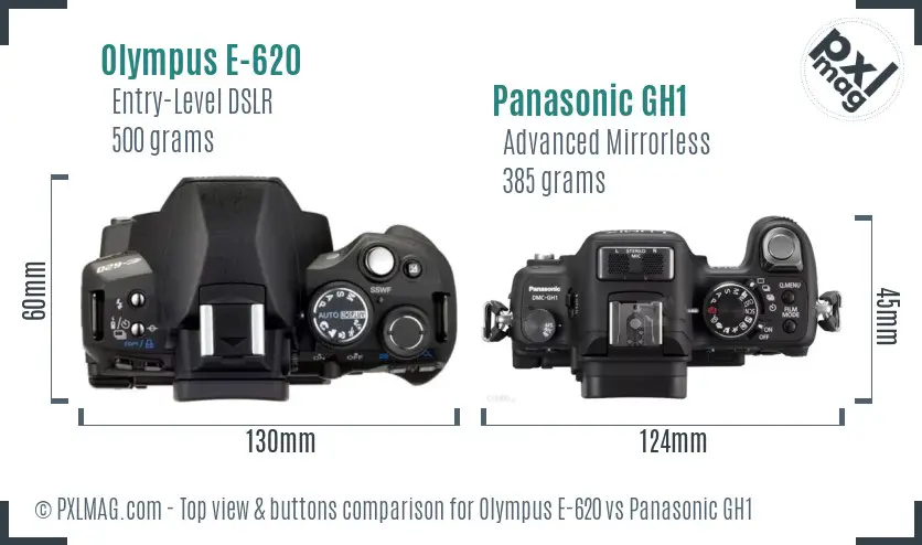 Olympus E-620 vs Panasonic GH1 top view buttons comparison