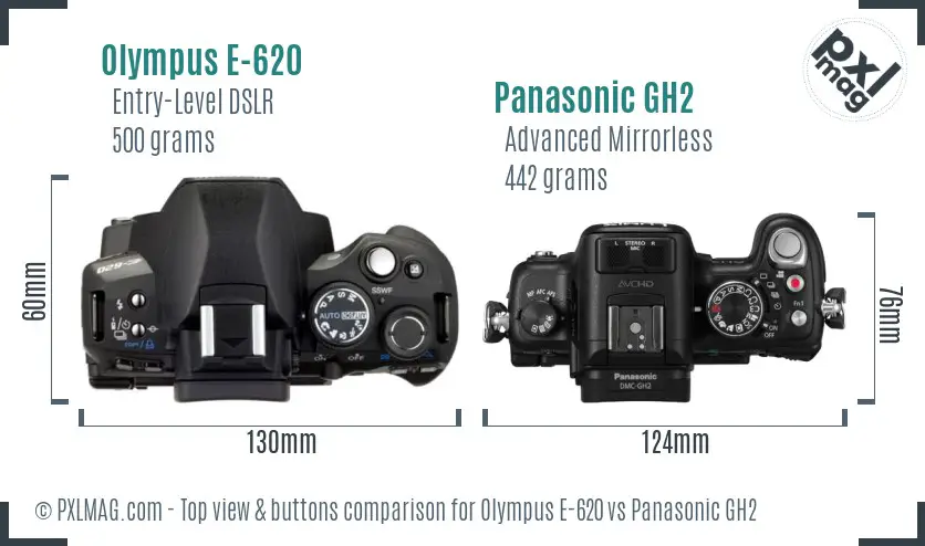 Olympus E-620 vs Panasonic GH2 top view buttons comparison