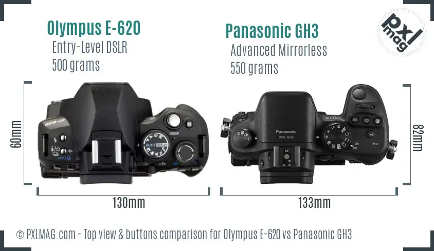 Olympus E-620 vs Panasonic GH3 top view buttons comparison