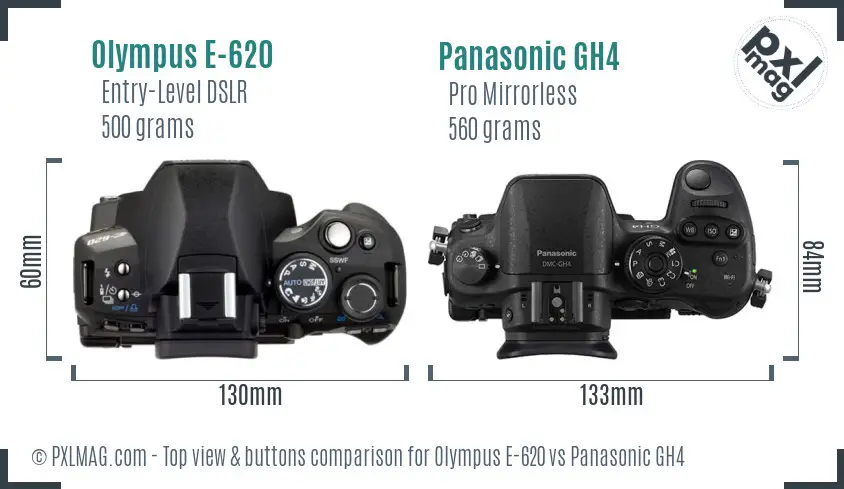 Olympus E-620 vs Panasonic GH4 top view buttons comparison