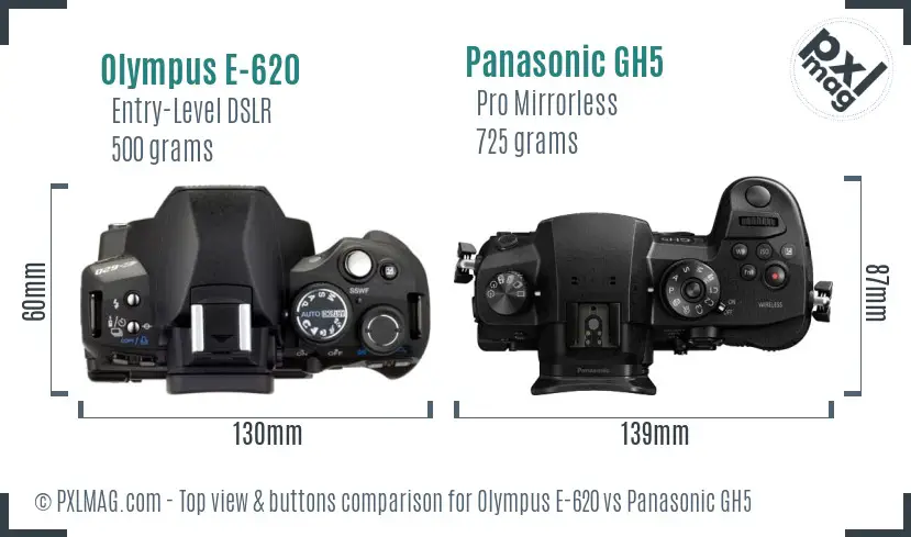 Olympus E-620 vs Panasonic GH5 top view buttons comparison