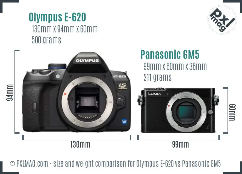 Olympus E-620 vs Panasonic GM5 size comparison