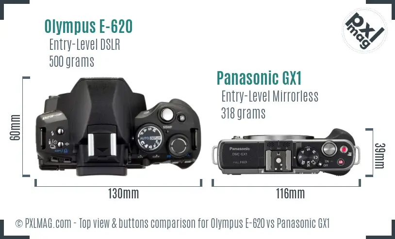 Olympus E-620 vs Panasonic GX1 top view buttons comparison