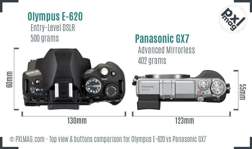 Olympus E-620 vs Panasonic GX7 top view buttons comparison