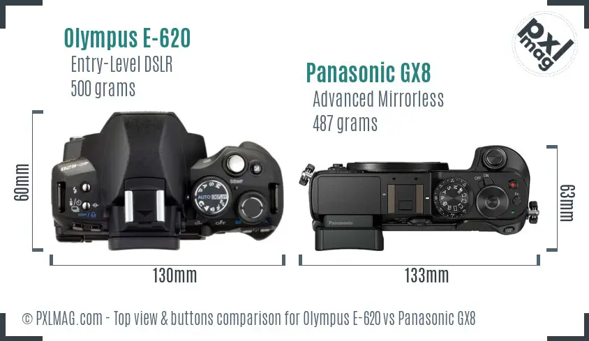 Olympus E-620 vs Panasonic GX8 top view buttons comparison