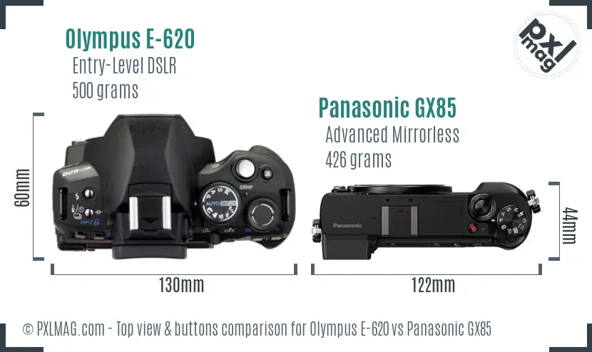Olympus E-620 vs Panasonic GX85 top view buttons comparison