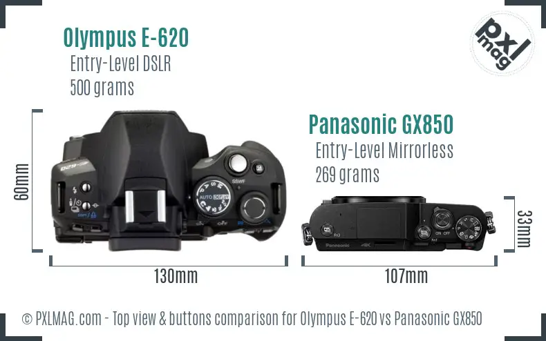 Olympus E-620 vs Panasonic GX850 top view buttons comparison