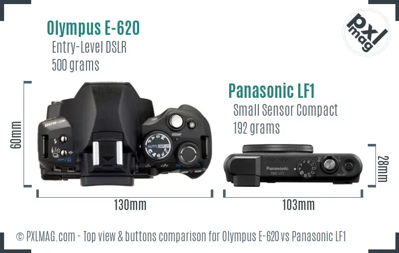 Olympus E-620 vs Panasonic LF1 top view buttons comparison