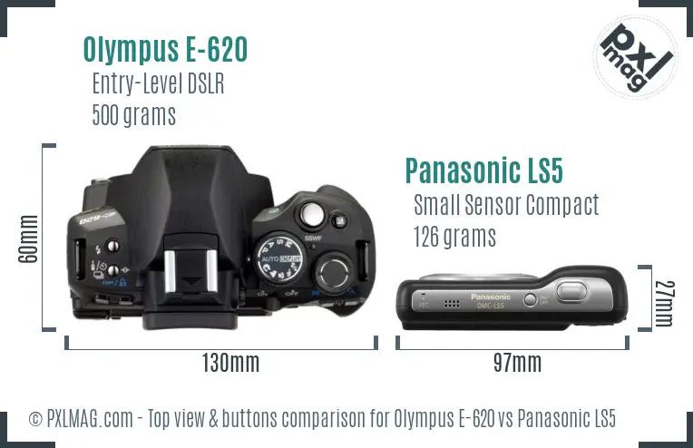 Olympus E-620 vs Panasonic LS5 top view buttons comparison