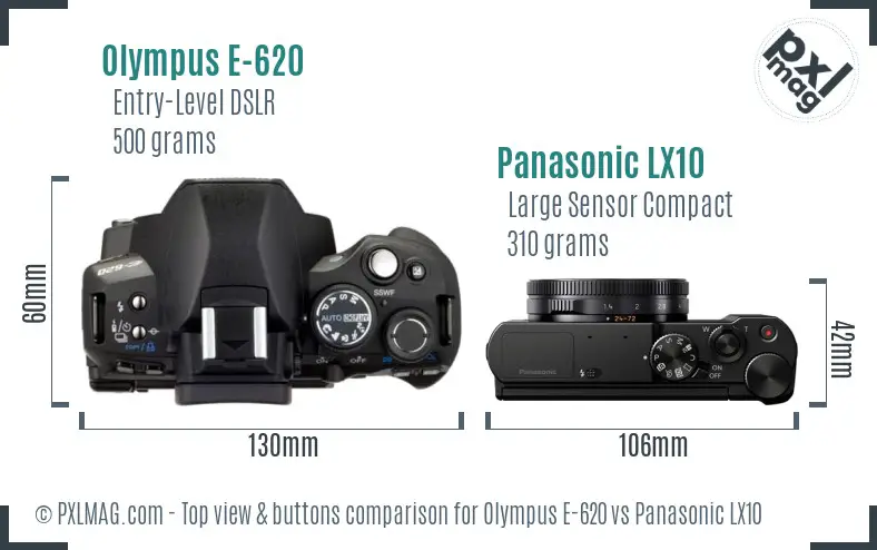 Olympus E-620 vs Panasonic LX10 top view buttons comparison