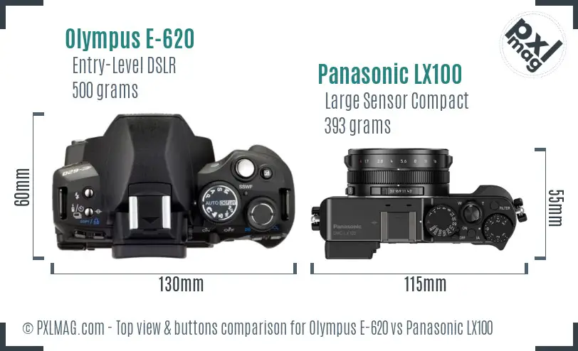 Olympus E-620 vs Panasonic LX100 top view buttons comparison