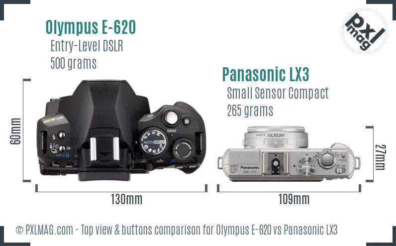 Olympus E-620 vs Panasonic LX3 top view buttons comparison