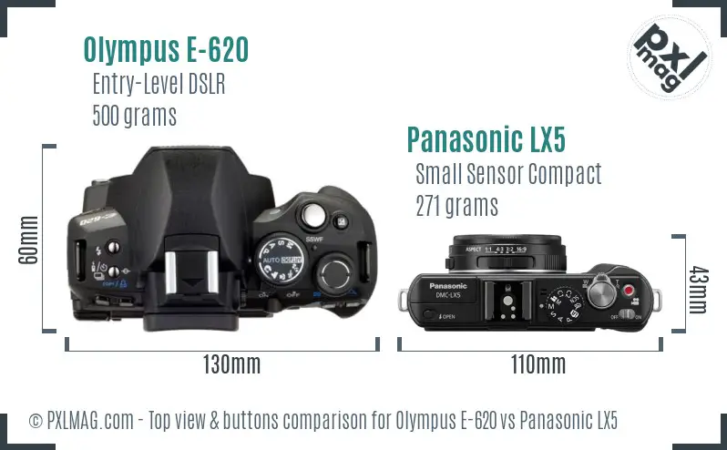 Olympus E-620 vs Panasonic LX5 top view buttons comparison
