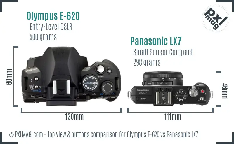 Olympus E-620 vs Panasonic LX7 top view buttons comparison