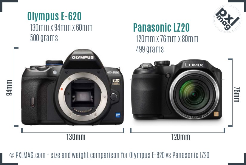 Olympus E-620 vs Panasonic LZ20 size comparison