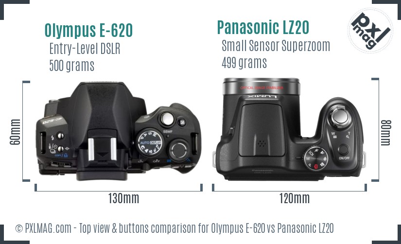 Olympus E-620 vs Panasonic LZ20 top view buttons comparison