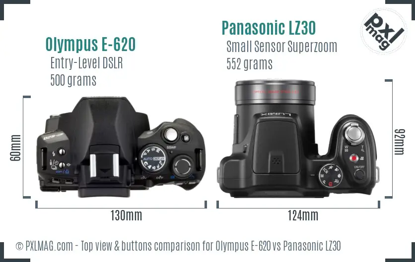 Olympus E-620 vs Panasonic LZ30 top view buttons comparison